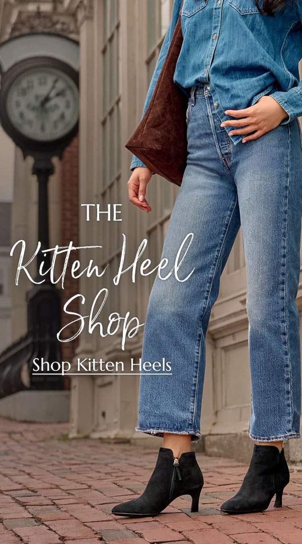 The Kitten Heel Shop. Shop Kitten Heels. Featured style: Sasha heeled ankle boot in black suede.